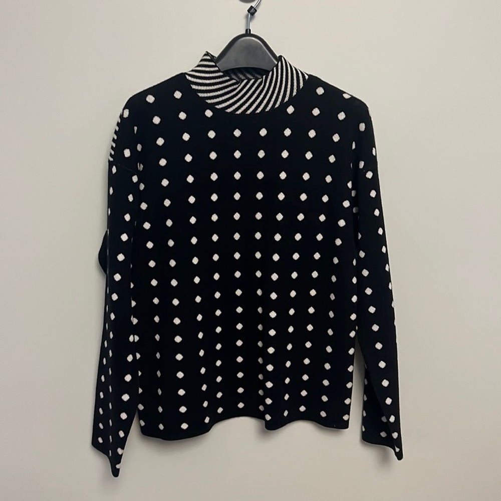 Anthropologie Black Sweater with White Polka Dots and Striped Collar